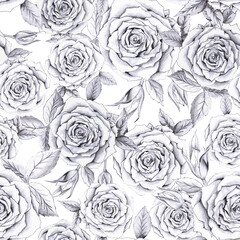 Hand drawn seamless endless pattern with white and black graphic art roses as floral design.Minimalistic botanical background