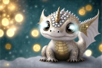 Cute luminescent silver baby dragon looking creature, generative ai.
