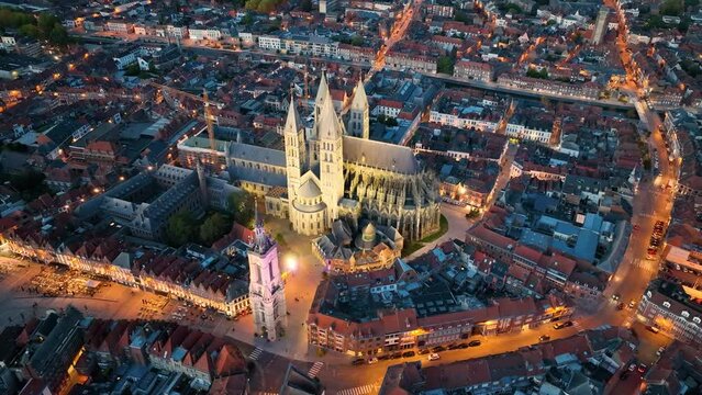 Aerial view of the Notre-Dame de Tournai view with towers , Cathedral of Our Lady, Tournai, Walloon municipality. Belgium