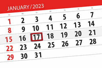 Fototapeta premium Calendar 2023, deadline, day, month, page, organizer, date, january, tuesday, number 17
