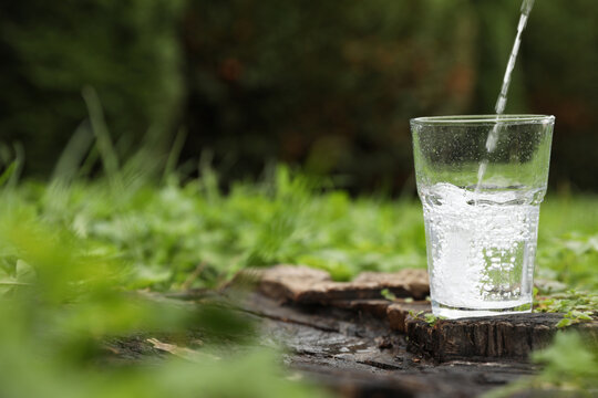 Pouring fresh water into glass on wooden stump in green grass outdoors. Space for text © New Africa