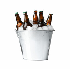 Metal bucket with bottles of beer and ice cubes on white background - obrazy, fototapety, plakaty
