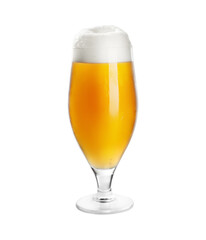 Glass of tasty light beer on white background