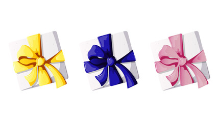Set of gIft box with pink, yellow or blue bow on the white background. Isolated vector illustration for card, invitation, cover, design projects.