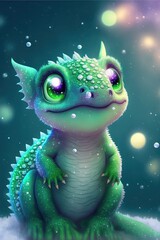 Baby dragon creature, golden and green colors, sparkly scales, generative ai.
