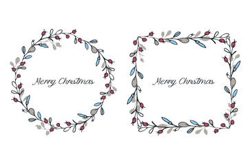Christmas frames set. Winter holiday wreath, square board. Cute doodle hand drawn illustrations. Branches, leaves, berry drawings. White background. Vector
