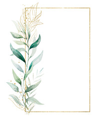 Rectangular golden frame made of green watercolor leaves, wedding illustration