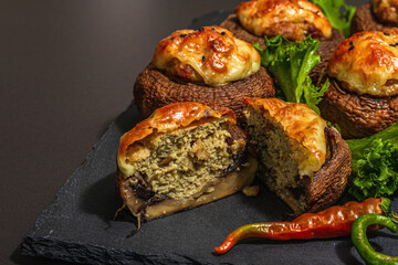 Baked stuffed mushroom caps ready for eating. Champignons, spices, vegetables, cheese