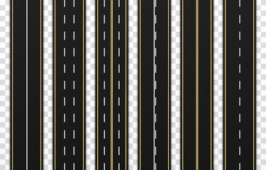Vector set of asphalts on an isolated transparent background. Road, route png. Roadway for cars png. Road marking. City, street.