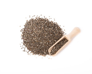 Chia seeds in wooden spoon scoop isolated on white background. Superfood. Healthy food. Diet.