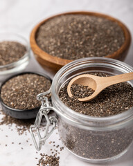 Bowl and spoon with chia seeds, closeup.Superfood. Healthy food. Diet. The concept of proper nutrition. antioxidant. Place for text, space for copy.
