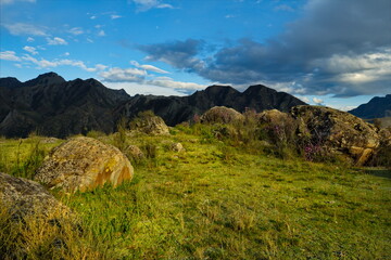 Russia. South Of Western Siberia. Mountain Altai. Amazing stone placers in the Katun river valley...