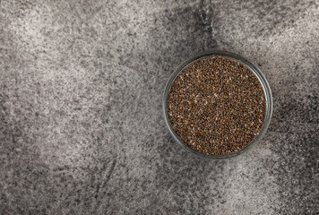 Bowl with chia seeds, closeup.Superfood. Healthy food. Diet. The concept of proper nutrition. antioxidant. Place for text, space for copy.