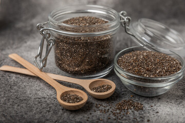 Bowl and spoon with chia seeds, closeup.Superfood. Healthy food. Diet. The concept of proper nutrition. antioxidant. Place for text, space for copy.