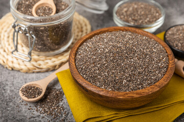 Bowl and spoon with chia seeds, closeup.Superfood. Healthy food. Diet. The concept of proper nutrition. antioxidant. Place for text, space for copy.