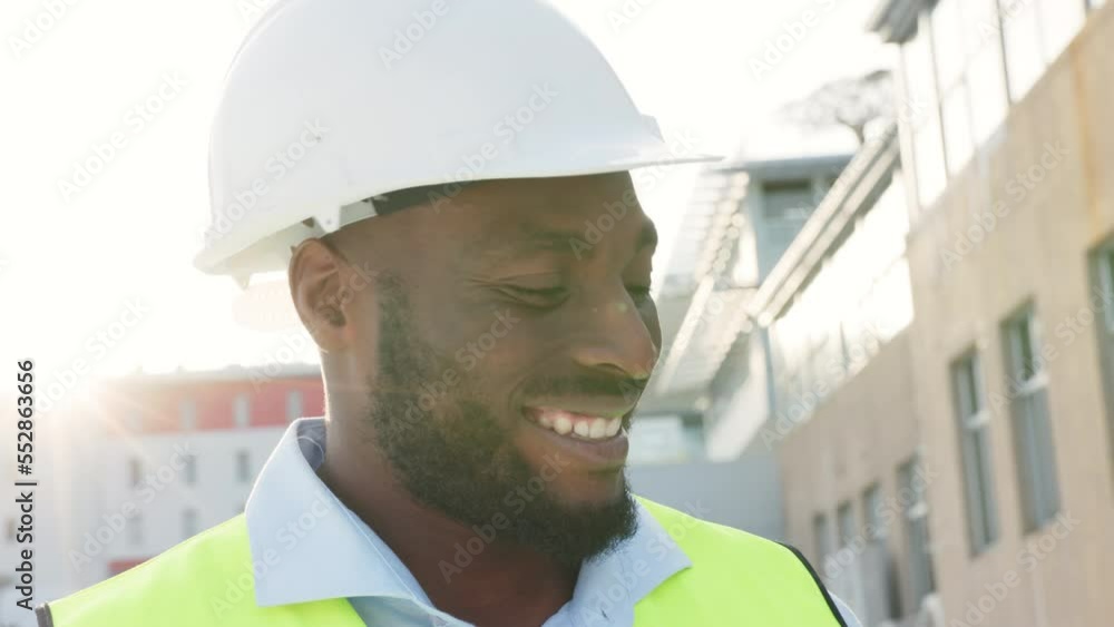 Poster Happy architect engineer talking on a phone call outdoors in a safety helmet at a building construction site. Industrial builder laughing, smiling and friendly in a funny conversation during a break