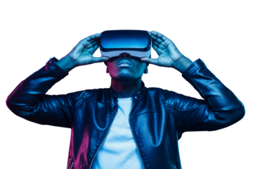 African american man in vr glasses, watching video in metaverse with virtual reality headset