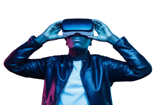 African american man in vr glasses, watching video in metaverse with virtual reality headset