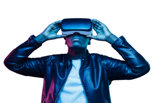 African american man in vr glasses, watching video in metaverse with virtual reality headset