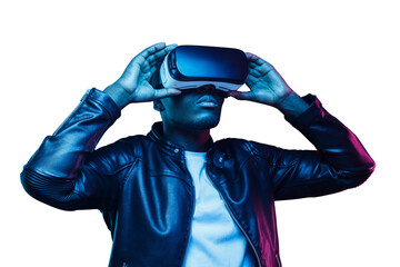 African american man in vr glasses, watching 360 degree video with virtual reality headset isolated on black background - 552864602