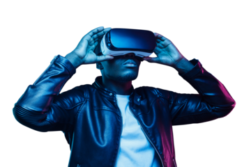 African american man in vr glasses, watching 360 degree video with virtual reality headset isolated on black background