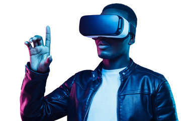 African man in metaverse, using virtual reality headset, trying to touch something with finger