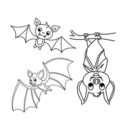 Cute bat cartoon characters vector illustration. For kids coloring book.