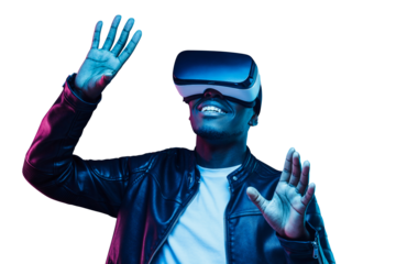 Young african man wearing virtual reality goggles with hands up, playing game in metaverse