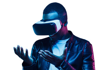 African man looking at hands, shocked by virtual reality in metaverse world