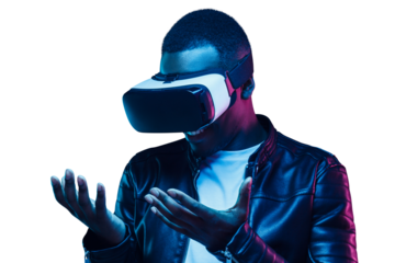 African man looking at hands, shocked by virtual reality in metaverse world
