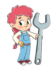 Girl working in a mechanic shop with a wrench to repair