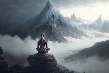 Woman meditating in a yoga pose on the peak of a mountain. She is in a zen like state overlooking a majestic view with clouds and mist. Created with generative AI software, 