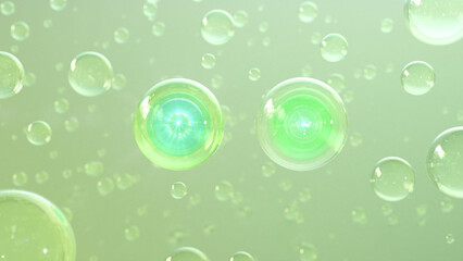 3D rendering Cosmetics Serum bubbles on defocus background. Miracle bubble design for cosmetics. Transparent balls, holographic liquid blobs floating in space, and artistic bubbles.