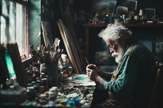 Mature old man painting in messy and cluttered art studio with natural window light. The artist is surrounded by paint brushes and paints and is working on a canvas. Created with generative AI softwar