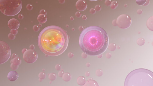 3D rendering of cosmetics Colorful serum bubbles against a blurry background. collagen bubbles' structure. Moisturizing and serum concept elements. Vitamins as a concept for care products and cosmetic