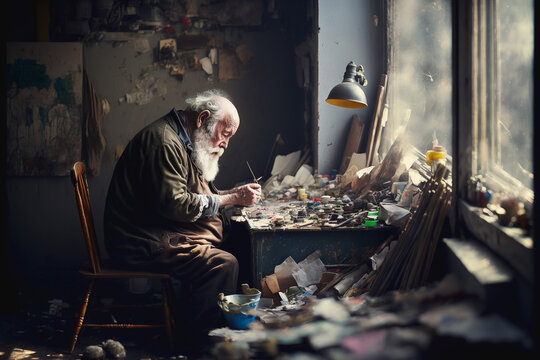 Mature Old Man Painting In Messy And Cluttered Art Studio With Natural Window Light. The Artist Is Surrounded By Paint Brushes And Paints And Is Working On A Canvas. Created With Generative AI Softwar