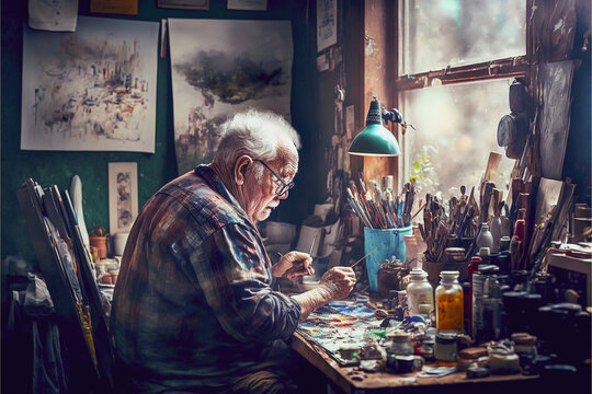 Mature old man painting in messy and cluttered art studio with natural window light. The artist is surrounded by paint brushes and paints and is working on a canvas. Created with generative AI softwar