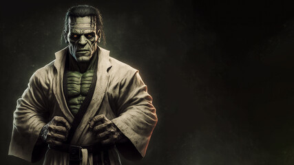 Fototapeta na wymiar Muscular Frankenstein man wearing a karate gi with a black belt. Created with generative AI software. 