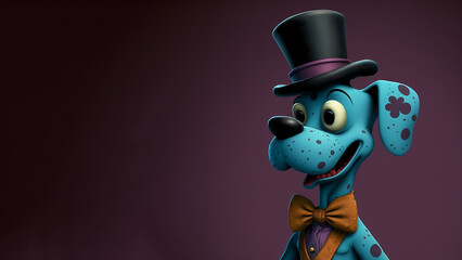 Animated blue cartoon dog wearing top hat and bow tie. Created with generative AI. 