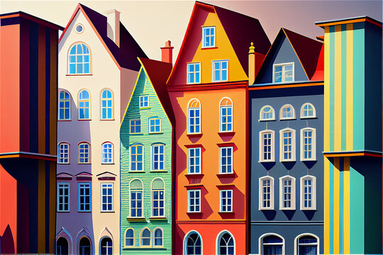 Multicolored houses with bright color facades with a cute naif European style