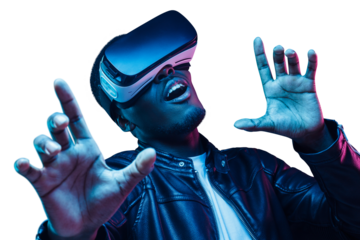 Young african man moving his hands while enjoying virtual reality experience in metaverse world