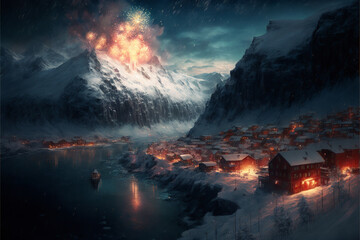 Fototapeta premium Winter fireworks above cute town on the hill,gennerative ai.