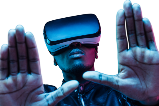 African american man in virtual reality headset holding hands as if trying to take picture
