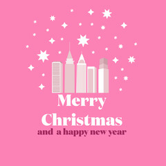 Merry Christmas greeting card with snowflakes on pink background.Winter in New York.Snow globe.