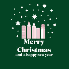 Merry Christmas greeting card with snowflakes on green background.Winter in New York.Snow globe.