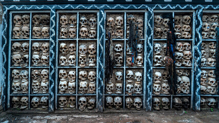 Full Frame Shot Of Human Skull And Bones Mounted On Wall At Tibet, China