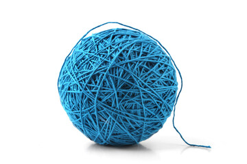 Blue big thread ball isolated on white background. Ball of natural cotton string.