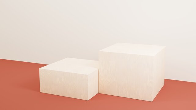 Empty wood podium in red room, wall illuminated by sunlight. Simple presentation scene for product presentation or print packaging. 3d render illustrationa