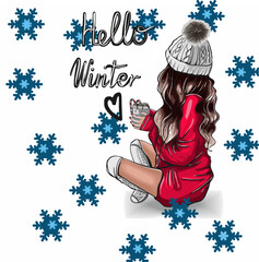 A girl in a knitted hat with a mug in her hands and the inscription Hello Winter. Vector graphics.