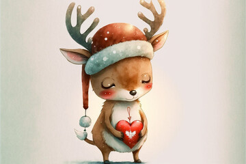 Cute little reindeer with santa hat carry a heart, Christmas concept, digital art